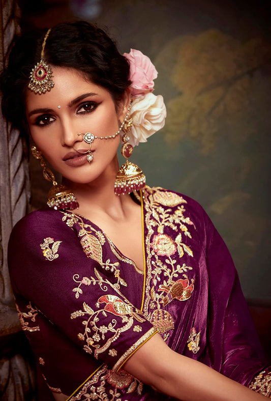 Burgundy Organza Silk Sequins & Thread Work Stylish Saree