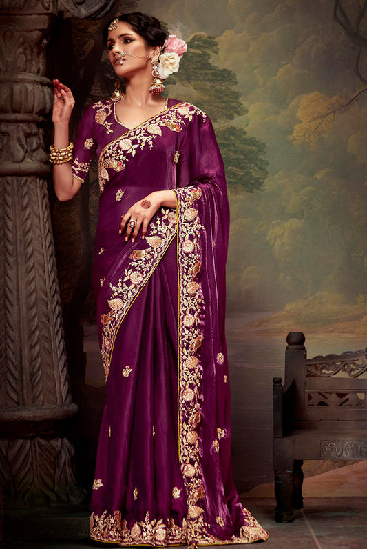 Burgundy Organza Silk Sequins & Thread Work Stylish Saree