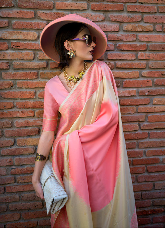 Cream & Pink Zari Woven Soft Silk Saree For Festival