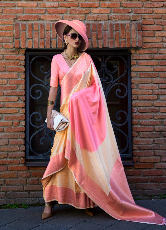 Cream & Pink Zari Woven Soft Silk Saree For Festival