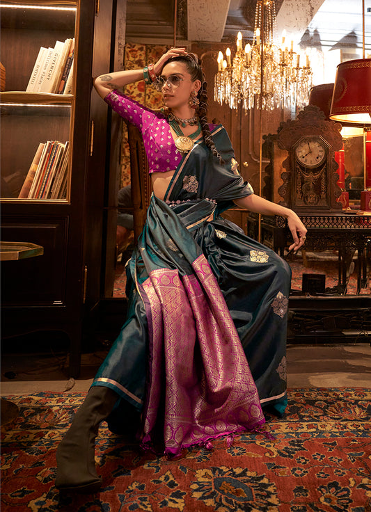 Dark Emerald Green Classic Dual Shade Banarasi Satin Silk Saree