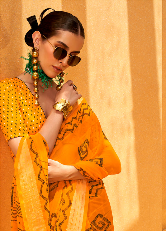 Yellow Georgette Foil Print Saree