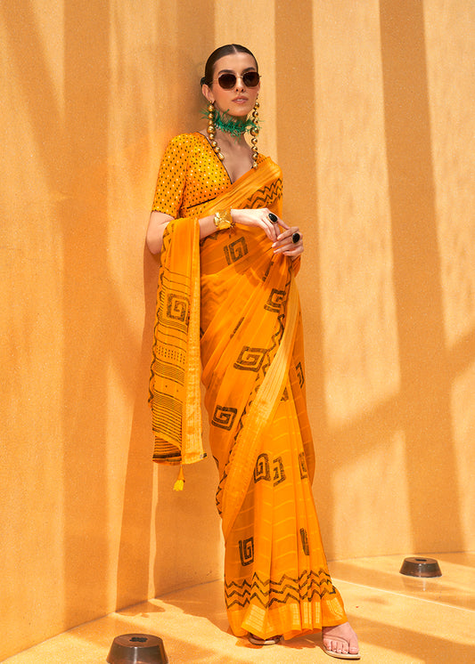 Yellow Georgette Foil Print Saree