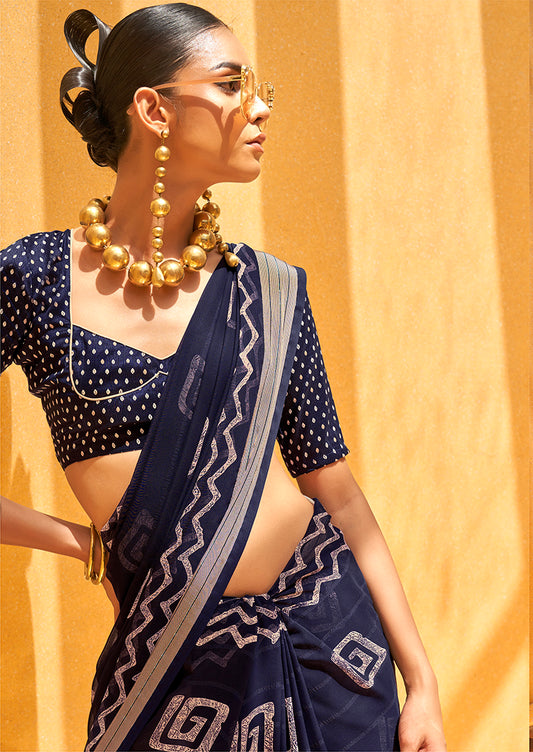 Navy Blue Georgette Foil Print Saree