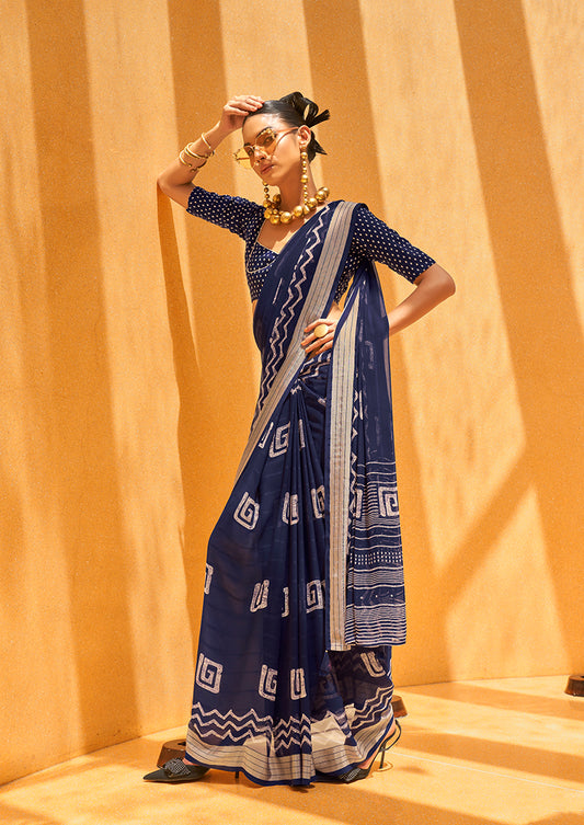 Navy Blue Georgette Foil Print Saree
