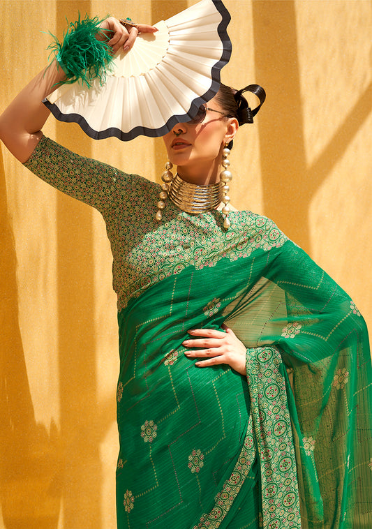 Green Georgette Foil Print Saree