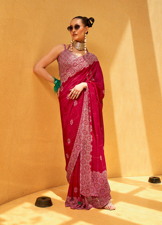 Rani Pink Georgette Foil Print Saree