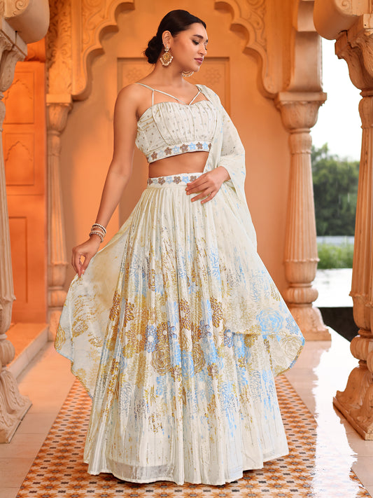 Cream Printed Chinon Lehenga with Sequin Glam