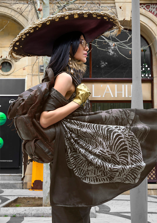 Dark Coffee Soft Shine Printed Satin Silk Saree