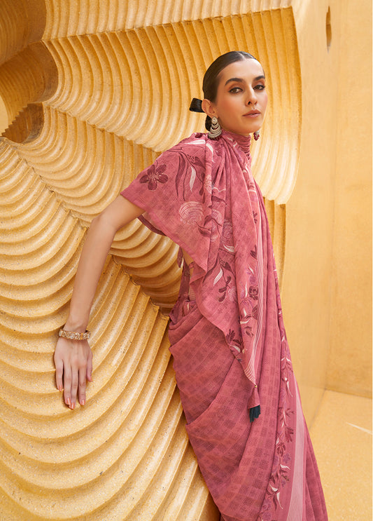 Pink Georgette Printed Saree