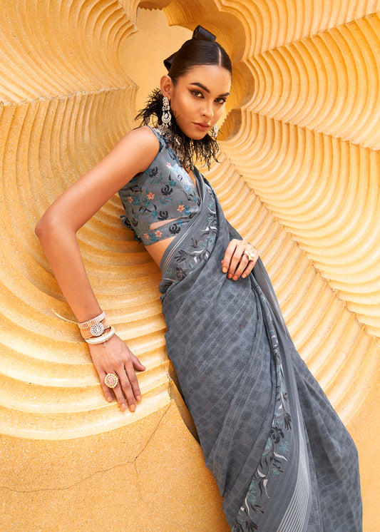 Grey Georgette Printed Saree
