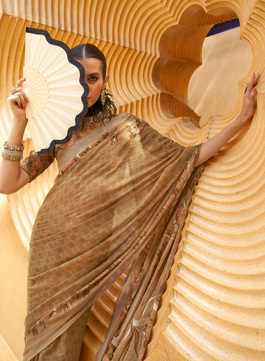 Brown Georgette Printed Saree