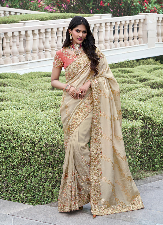 Cream Viscose Silk Zari Embroidered Saree