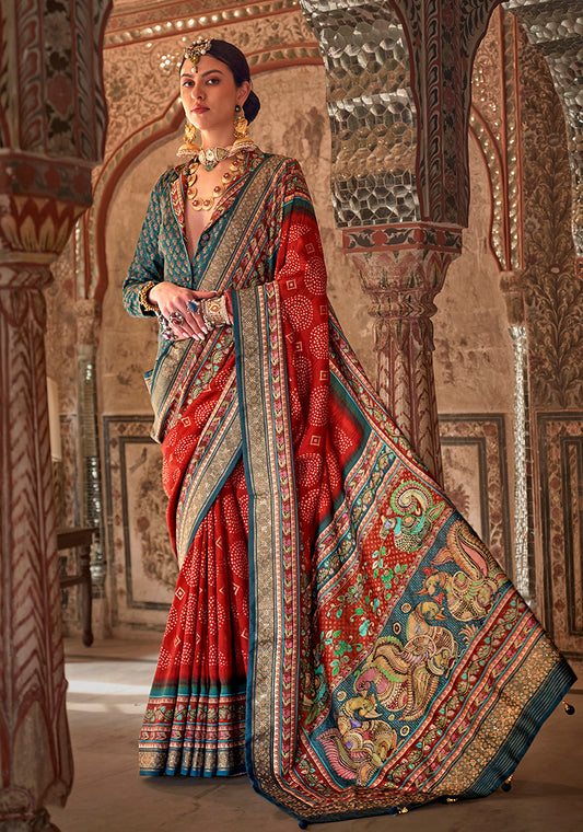 Cherry Red Viscose Silk Printed Traditional Saree