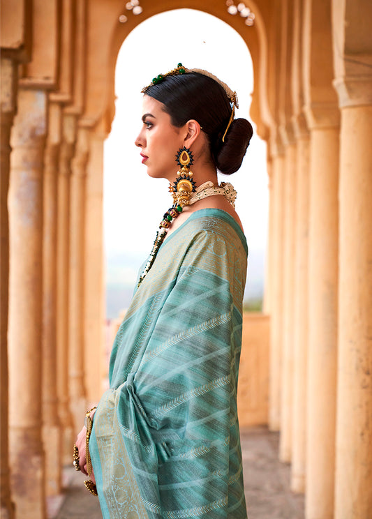 Turquoise Viscose Silk Foil Print Classic Saree