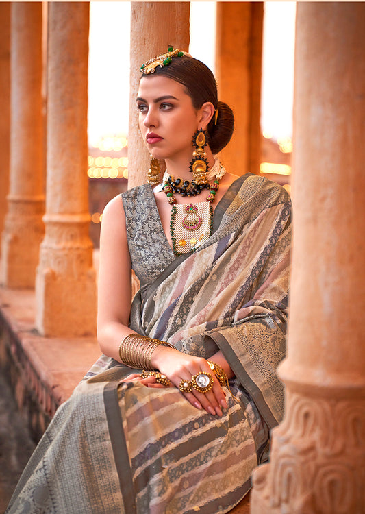 Light Gray Colour Viscose Silk Foil Print Classic Saree