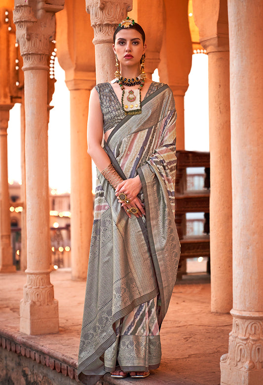 Light Gray Colour Viscose Silk Foil Print Classic Saree