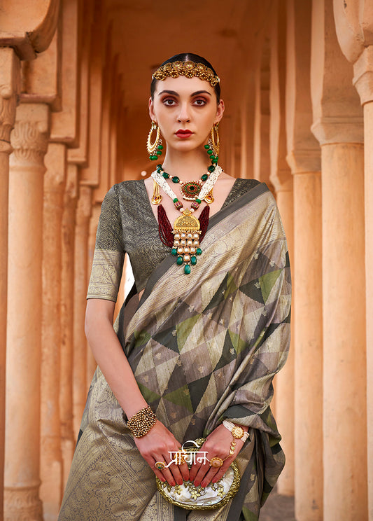 Dark Gray Colour Viscose Silk Foil Print Classic Saree
