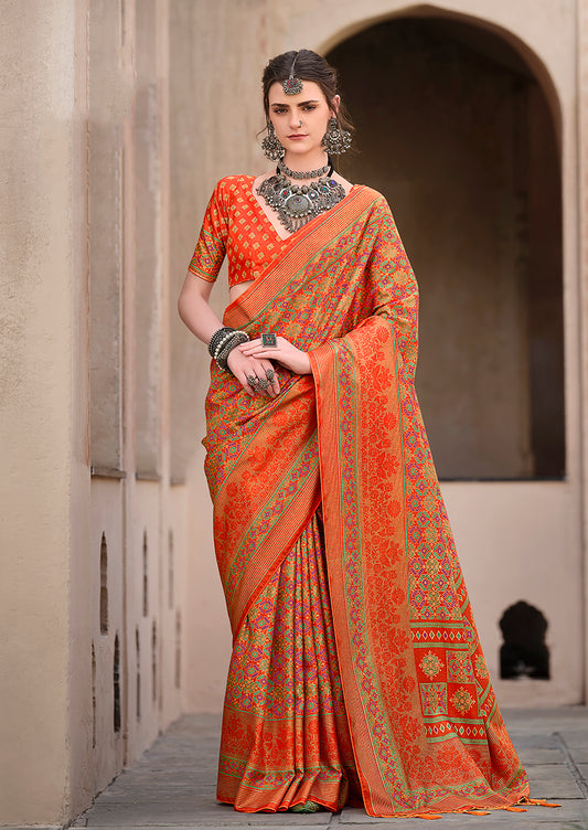 Orange Silk Patola Print Saree