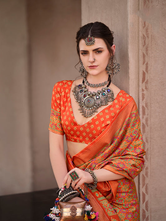 Orange Silk Patola Print Saree