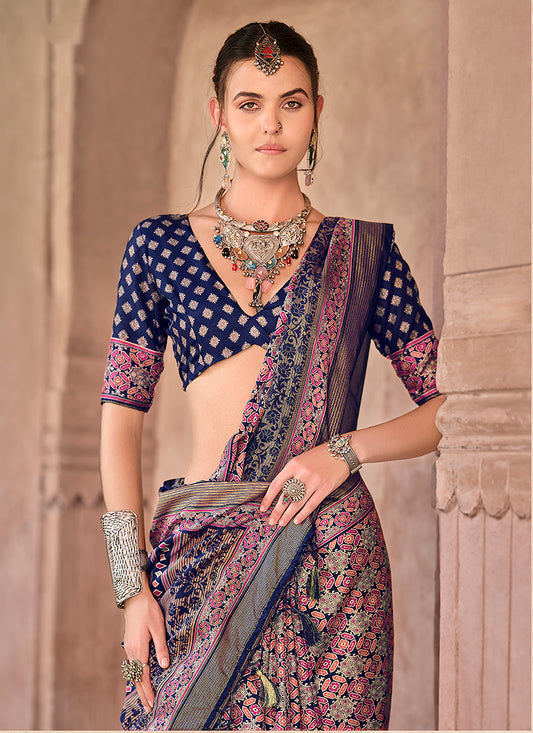 Navy Blue & Pink Silk Patola Print Saree