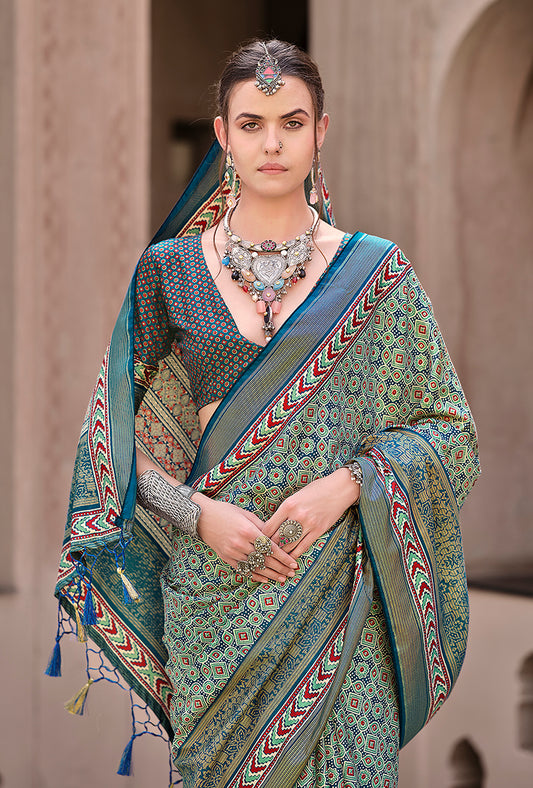 Teal Silk Patola Print Saree
