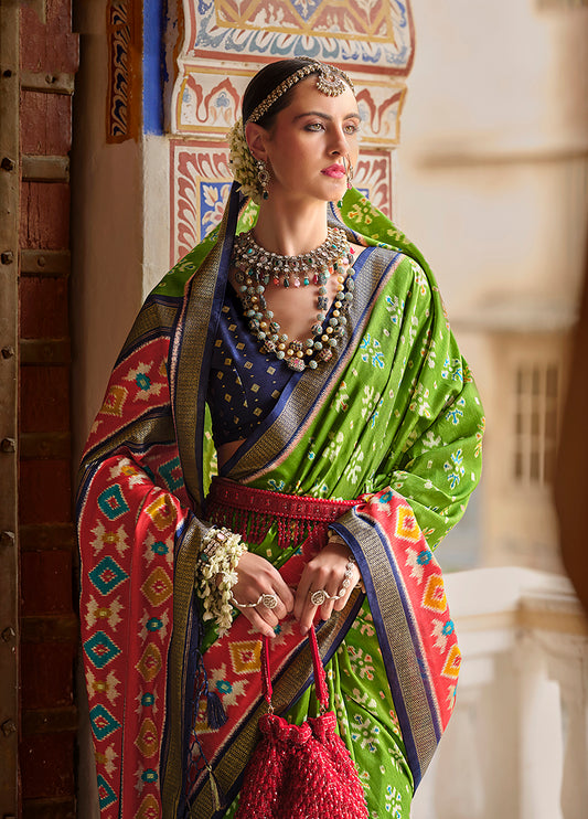 Parrot Green Silk Patola Print Saree