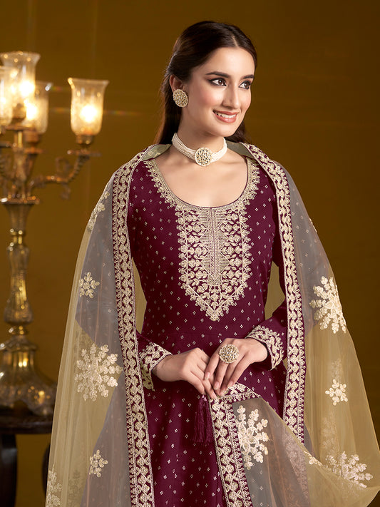 Burgundy Chanderi Butti Embroidered Anarkali Suit With Heavy Dupatta