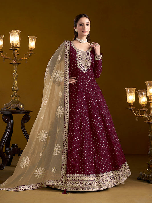 Burgundy Chanderi Butti Embroidered Anarkali Suit With Heavy Dupatta