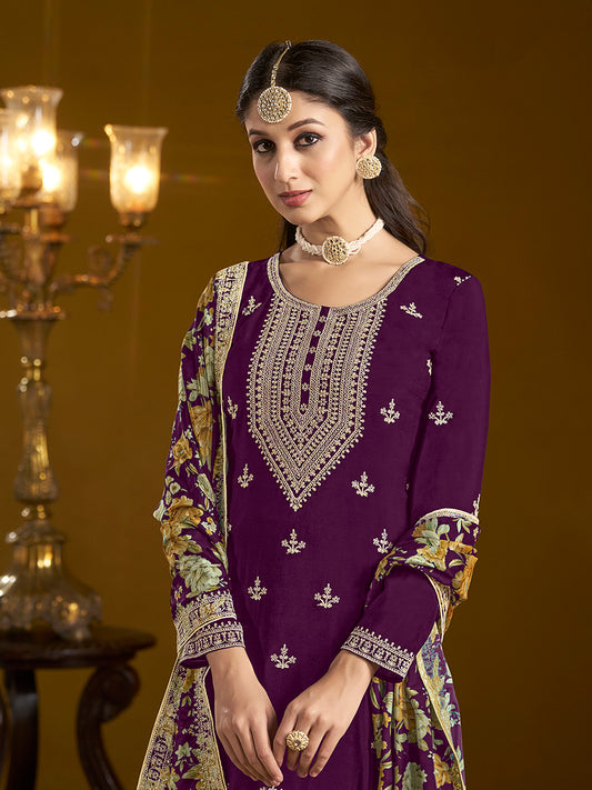 Dark  Purple Chinon Floral Printed Palazzo Suit With Printed Dupatta