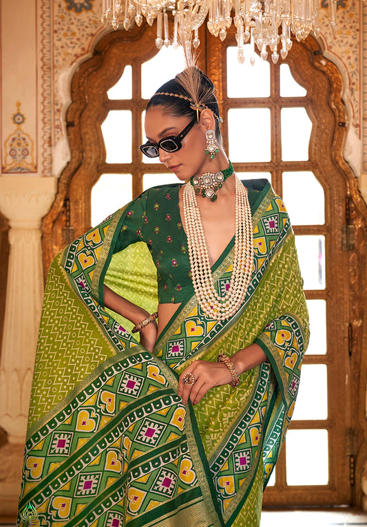 Olive Green Silk Blend Patola Printed Saree