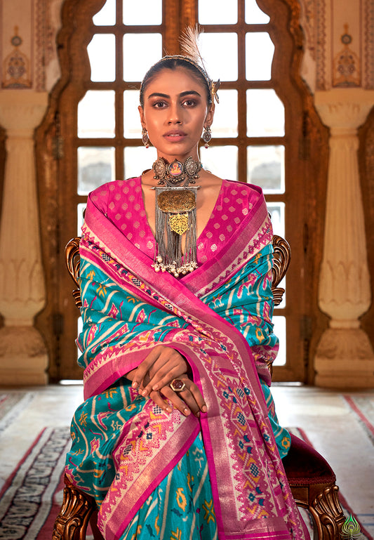 Aqua Blue Silk Blend Patola Printed Saree