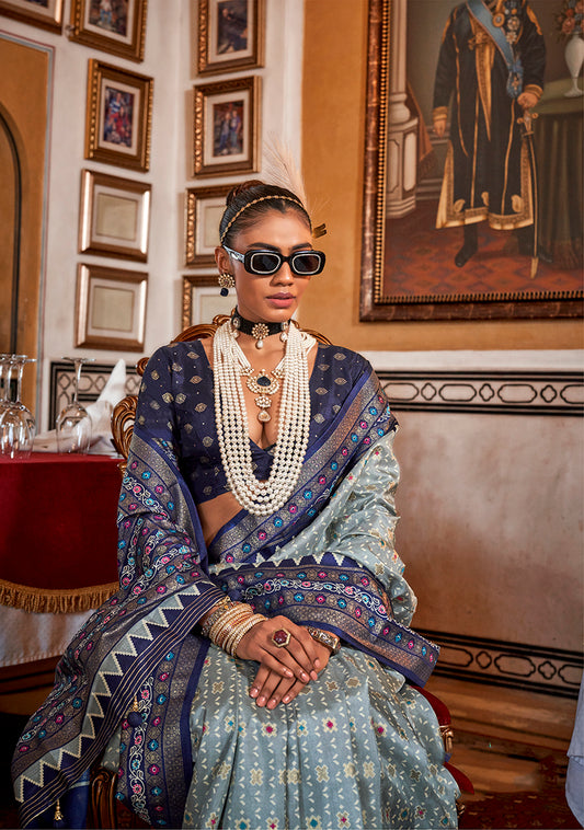 Light Grey Silk Printed Saree With Contrast Blouse