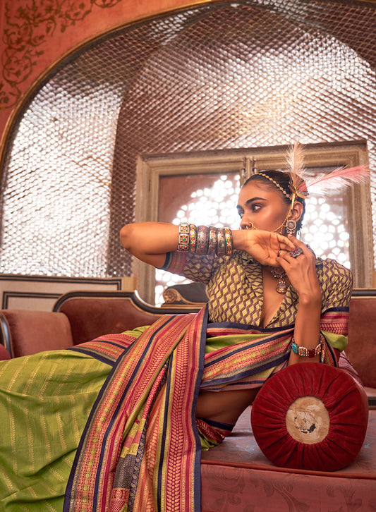 Light Green Colour Silk Weaving Work Saree With Contrast Border