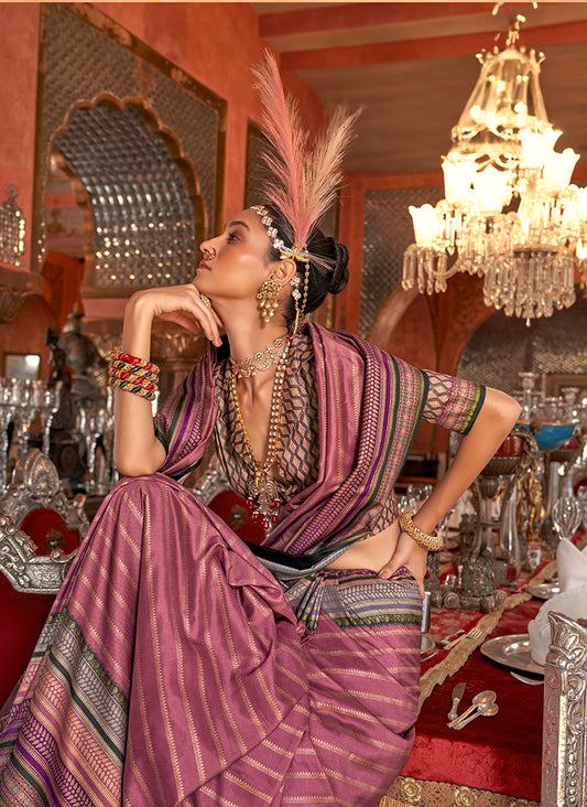 Onion Pink Colour Silk Weaving Work Saree With Contrast Border