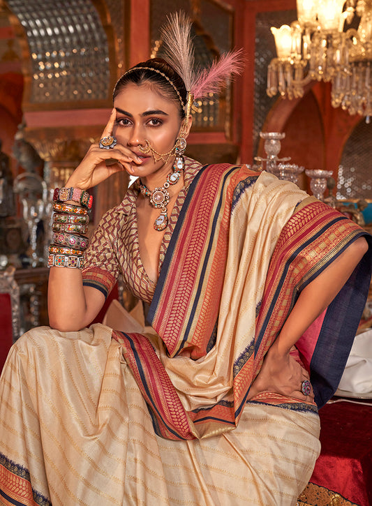 Cream Colour Silk Weaving Work Saree With Contrast Border