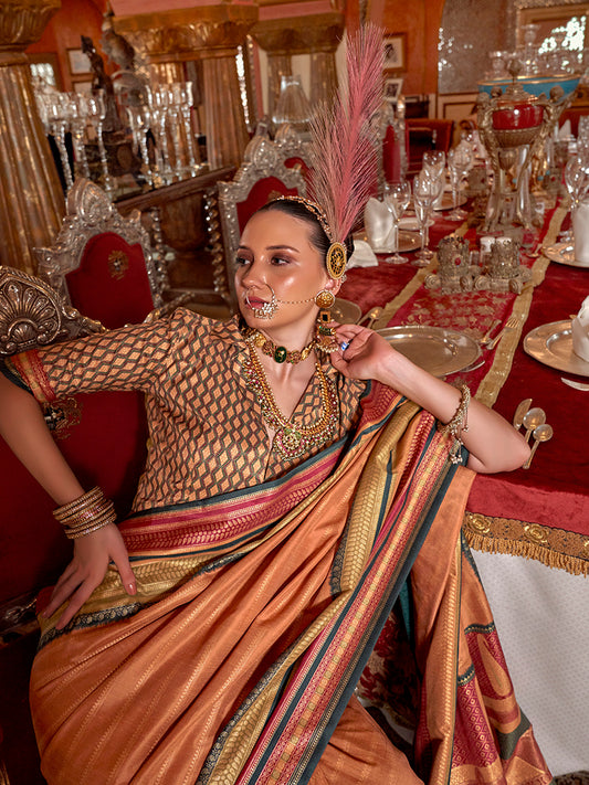 Orange Colour Silk Weaving Work Saree With Contrast Border