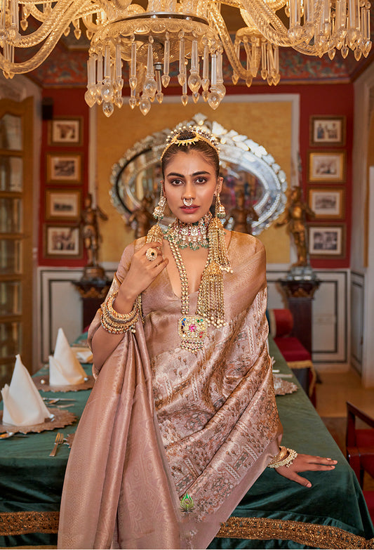 Beige And Light Peach Tussar Silk Digital Print Zari Border Saree