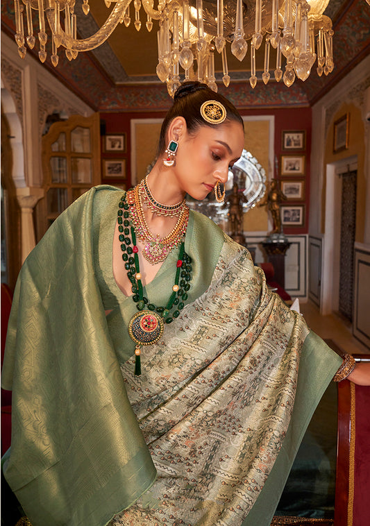 Beige And Light Green Tussar Silk Digital Print Zari Border Saree