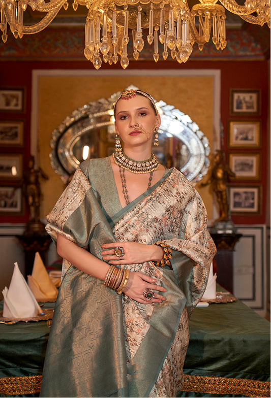 Beige And Teal Tussar Silk Digital Print Zari Border Saree