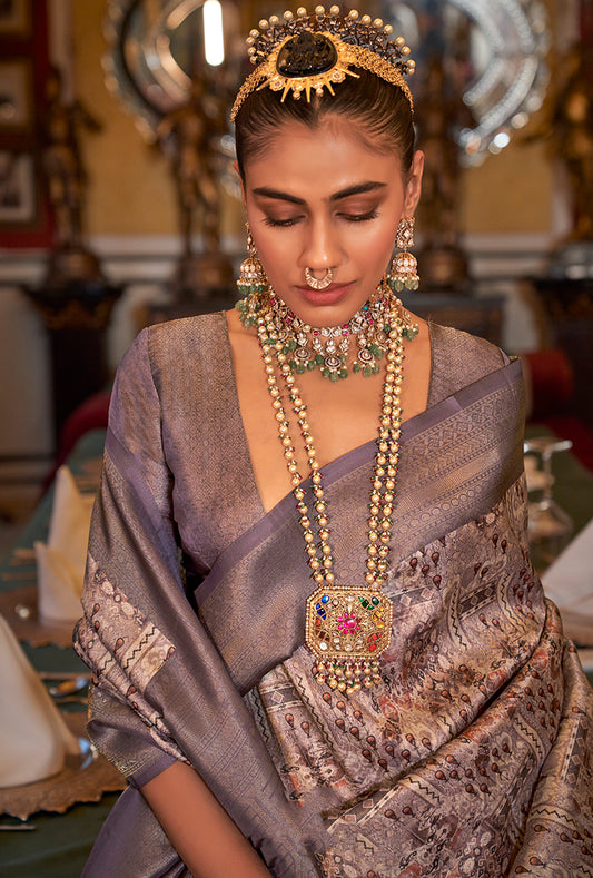 Beige And Purple Tussar Silk Digital Print Zari Border Saree