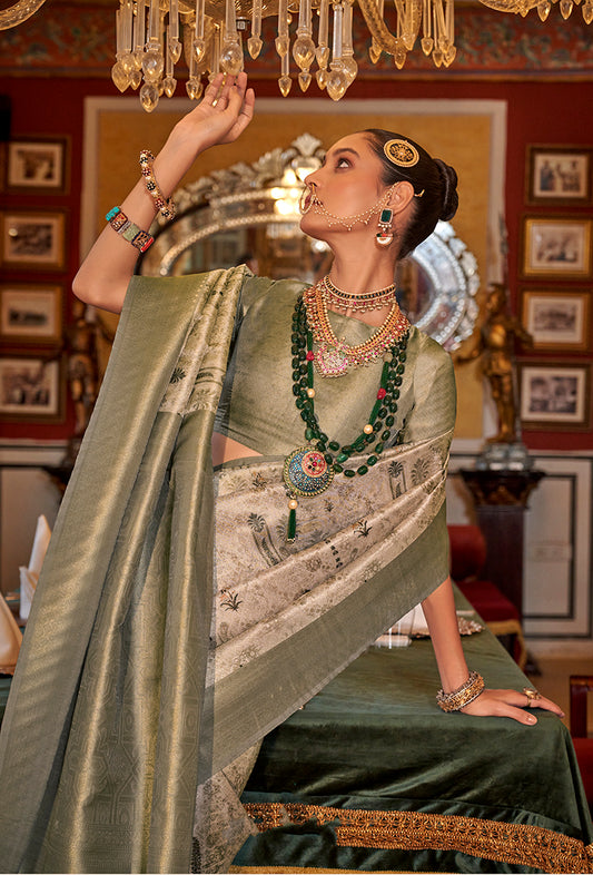 Beige And Olive Tussar Silk Digital Print Zari Border Saree