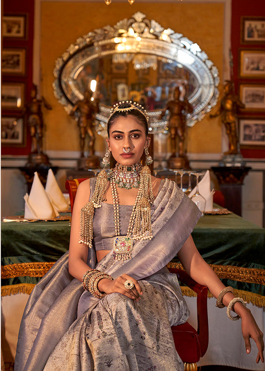 Beige And Grey Tussar Silk Digital Print Zari Border Saree