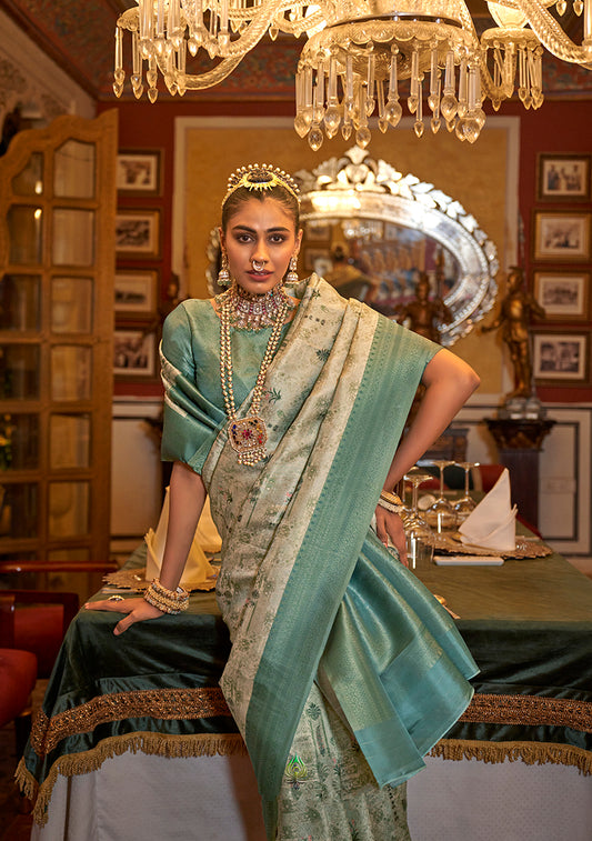 Beige And Turquoise Tussar Silk Digital Print Zari Border Saree