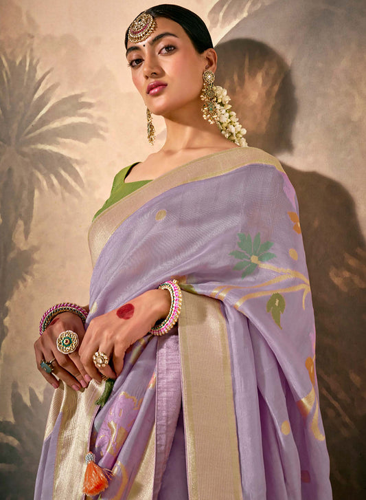 Lavender Silk Saree with Intricate Zari & Ethnic Motifs Work