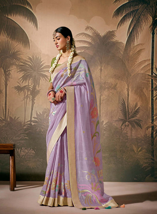Lavender Silk Saree with Intricate Zari & Ethnic Motifs Work