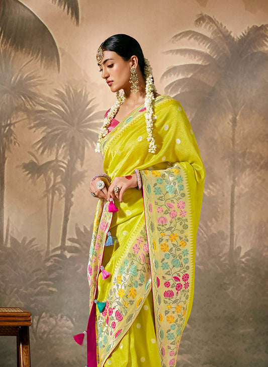 Pear Green Silk Saree with Intricate Zari & Ethnic Motifs Work