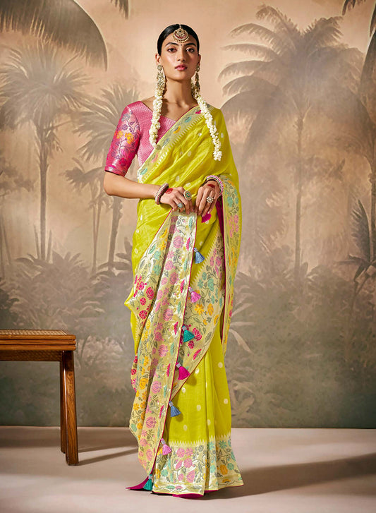 Pear Green Silk Saree with Intricate Zari & Ethnic Motifs Work