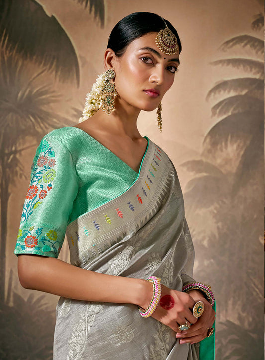 Grey Silk Saree with Intricate Zari & Ethnic Motifs Work