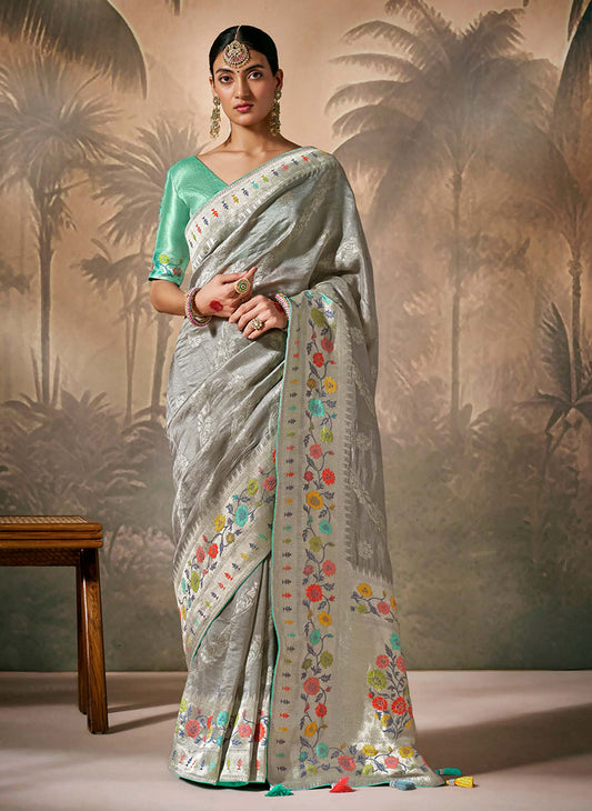 Grey Silk Saree with Intricate Zari & Ethnic Motifs Work